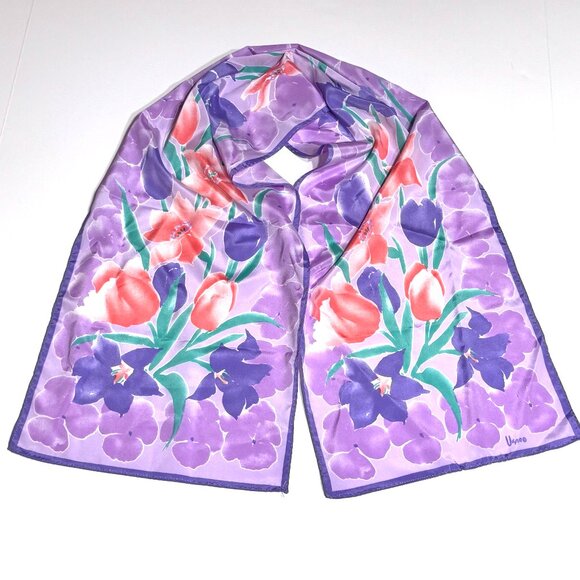 Vera Neumann Accessories - Vtg Vera Neumann Floral Silky Rectangle Scarf Tulips Purple Pink Large Scale